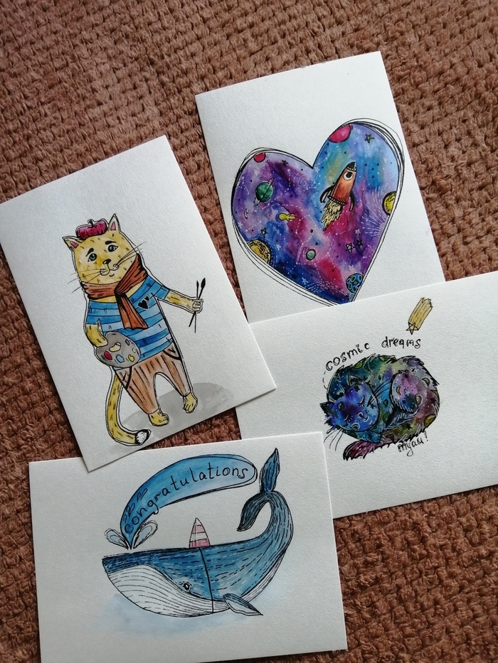 Modified ideas from Pinterest, drawing recently) - My, Liner, Watercolor, Miniature, Drawing, cat, Whale, Space