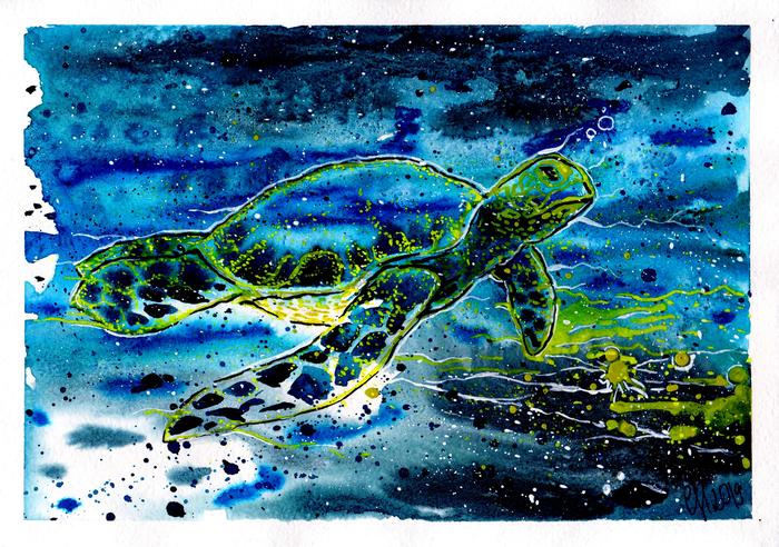 At the bottom of the sea - My, Watercolor, Animalistics, Art, Drawing, Creation, Turtle, Animals, Marine life