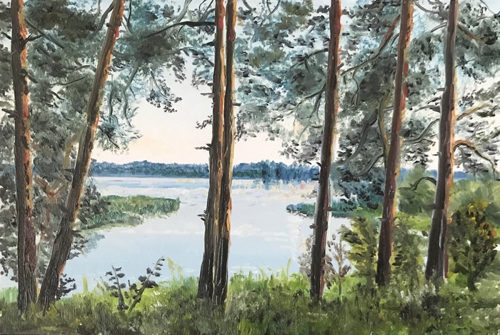 View from the steep bank of the river - My, Cardboard, Oil painting, Painting, Landscape, Nature, River, Shore, Pine