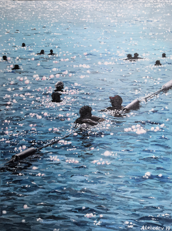 Vacation. Canvas, oil. 2019 - My, Sea, Painting, People, Relaxation, Vacation, Oil painting, Glare, Photorealism