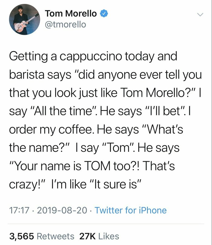 Funny coincidence - Celebrities, Twitter, Barista, Tom Morello, Screenshot, Coincidence
