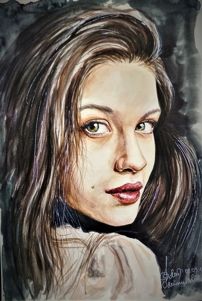 Anna Chipovskaya (watercolor portrait) - My, Anna Chipovskaya, Portrait, Watercolor, Portraits of people, Painting, Painting, Portrait by photo, animal portraits