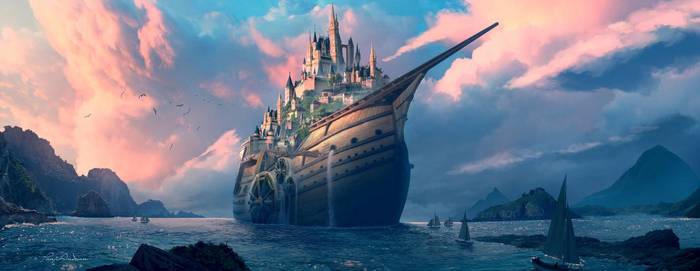 floating city - Art, Drawing, Ship, Town, Panjoool