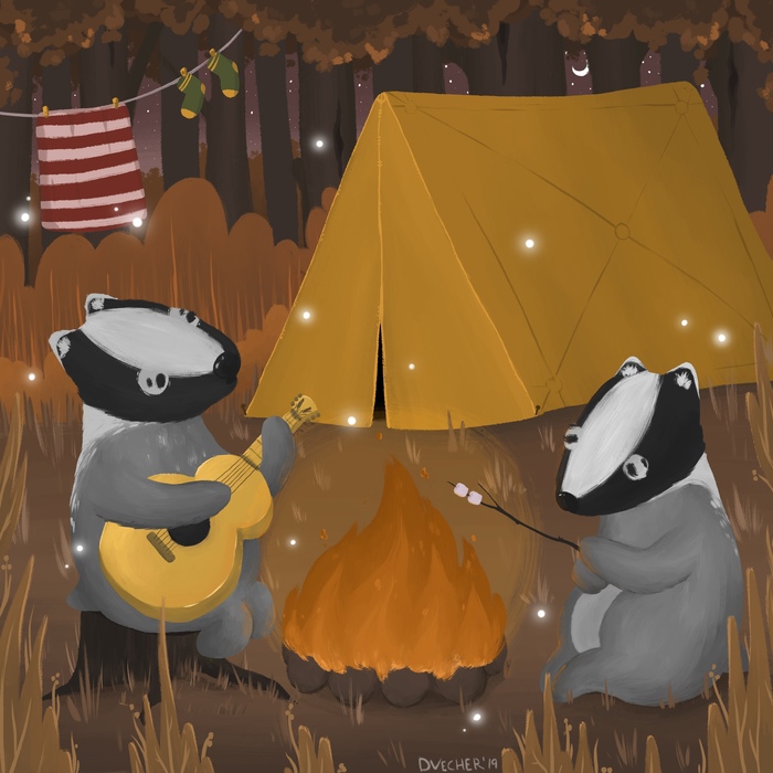 Hike - My, Badger, Art, Illustrations, Hike, Forest, Tent, Drawing, Digital drawing