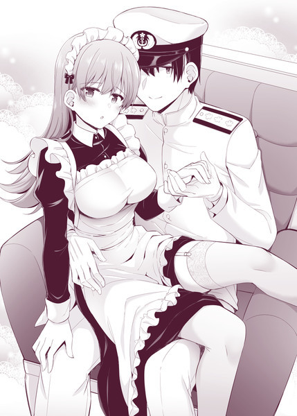 Admiral and Ooi (Artist: Rui Shi) - Kantai collection, Anime, Anime art, Monochrome, Admiral, Ooi, Housemaid