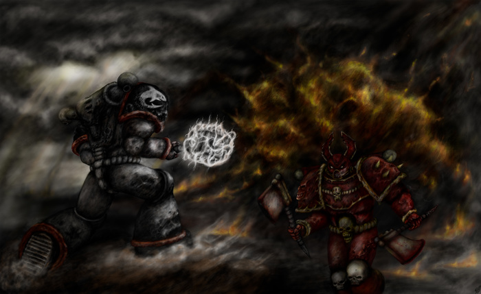 Carcharadon VS Berserker of Khorne - My, Drawing on a tablet, Warhammer 40k, Chaos space marines, Loyal Space marines, Carcharodons