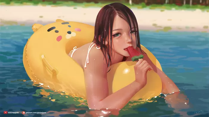 Summer and popsicles - Art, Drawing, Deviantart, Beautiful girl, Inflatable circle, Ice cream, Gtztaejune