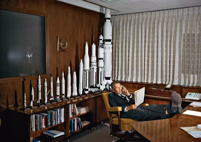 Dr. Wernher von Braun in his office, USA, 1964 - , Apollo mission, V-2, Constructor, USA, Space program, Third Reich, Wernher von Braun, Saturn V