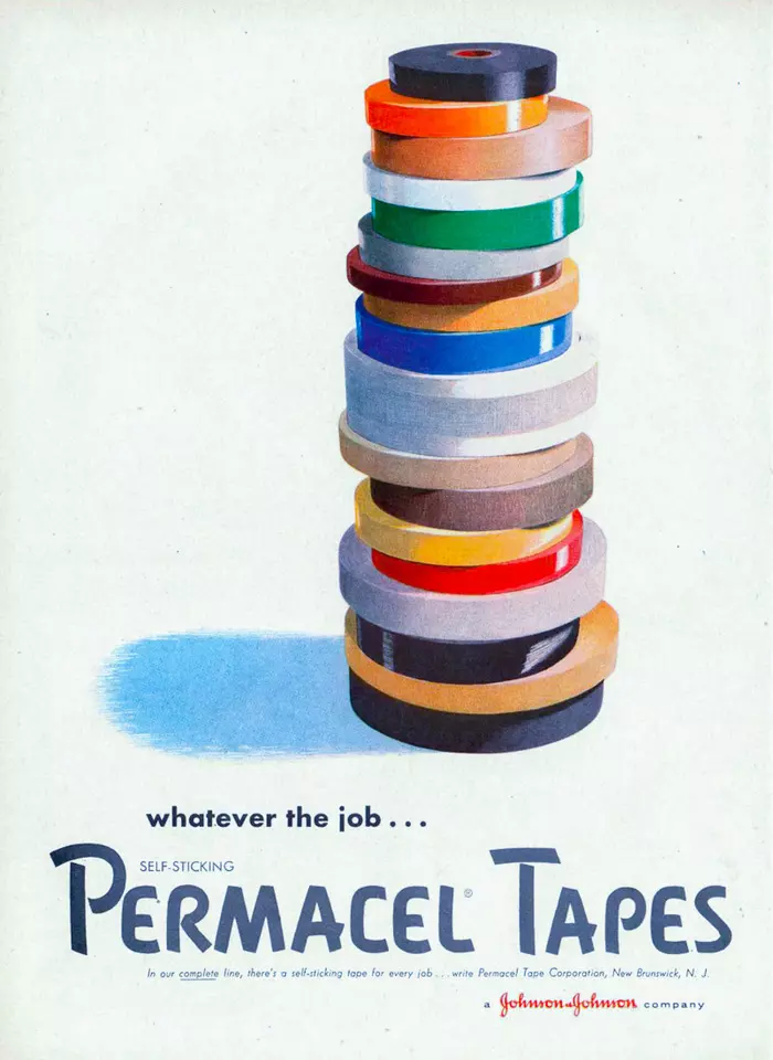 Permacel duct tape, USA, 1957 - Retro, Magazine, Illustrations, Advertising, Scotch, Insulating tape, USA