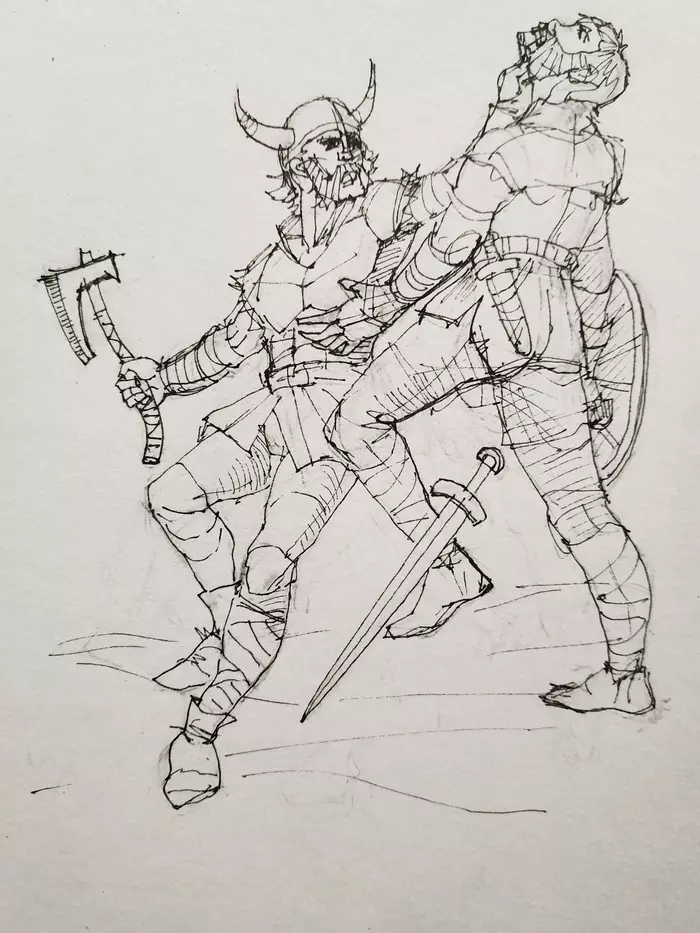 Vikings - My, Викинги, The fight, Sword, Axe, Steel arms, Nords, Illustrations, Inktober