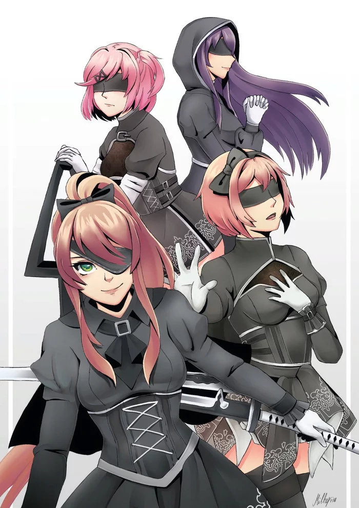 Glory to literature club - Doki Doki Literature Club, Кроссовер, NIER Automata, Anime Art, Арт, Визуальная новелла, Игры