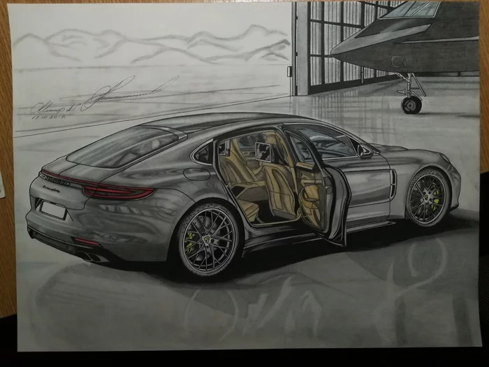 Porsche Panamera A3 format - My, Auto, Pencil drawing