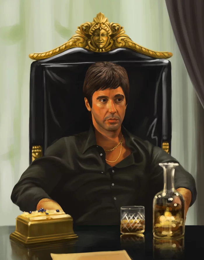 Tony - My, Tony Montana, Al Pacino, Face with a scar, Portrait, Digital drawing, Art, Creation, Whiskey, Scarface (film)