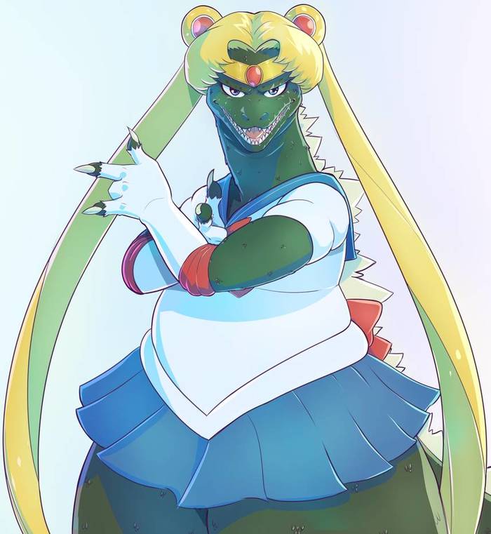 Sailor Gogzilla - Арт, Sailor Moon, Годзилла, Кроссовер, Anime Art, Длиннопост, Eymbee