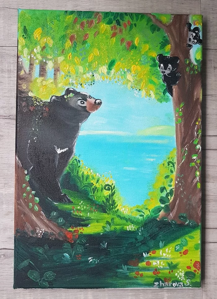 cartoon bears - My, Bears, Butter, Painting, Oil painting, Beginner artist, Longpost