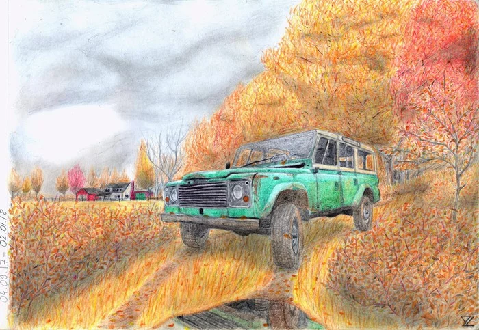 Soon the wind will change - My, Auto, Land rover, Autumn, Drawing, Colour pencils