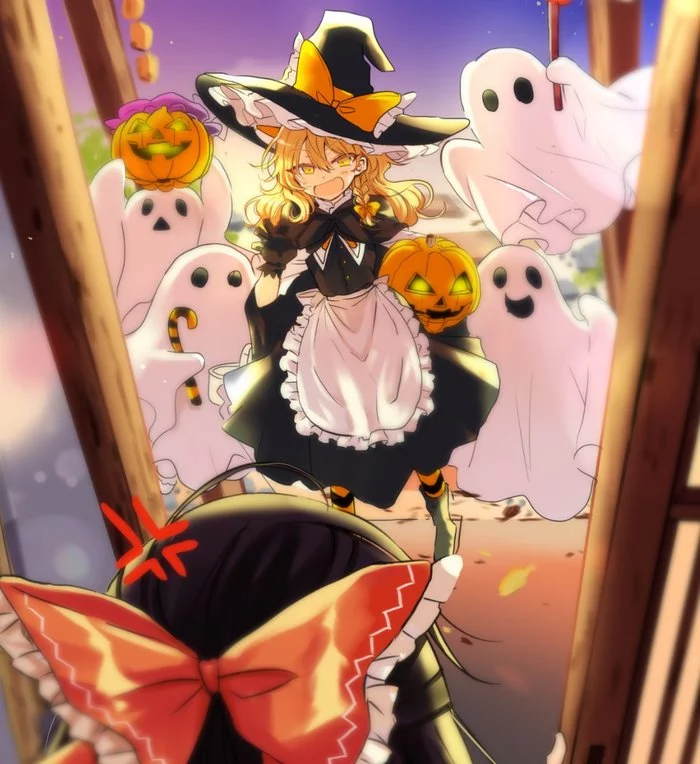 Trick or treat! - Anime, Anime art, Touhou, Hakurei Reimu, Kirisame marisa, Poprication