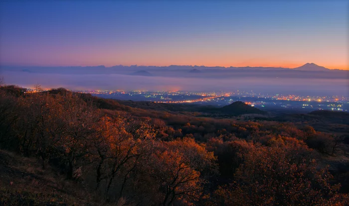 Sunset over a foggy city - My, Sunset, Autumn, Elbrus, Beshtau