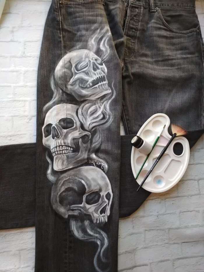 Skull jeans - My, Jeans, Painting on fabric, Scull, Creation, Longpost