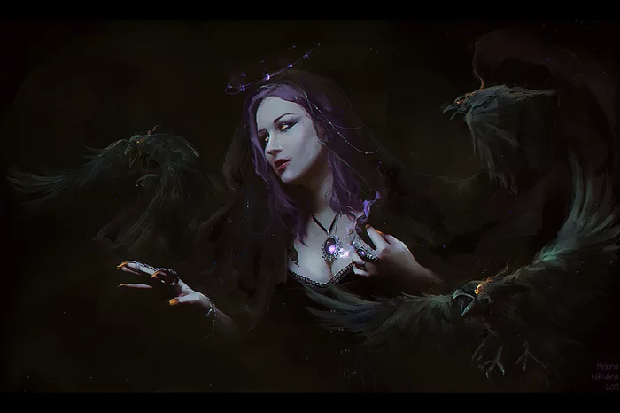 Raven Witch. - My, Art, Witches, Crow, Purple hair, Dark, Fantasy, Veil, Beautiful girl