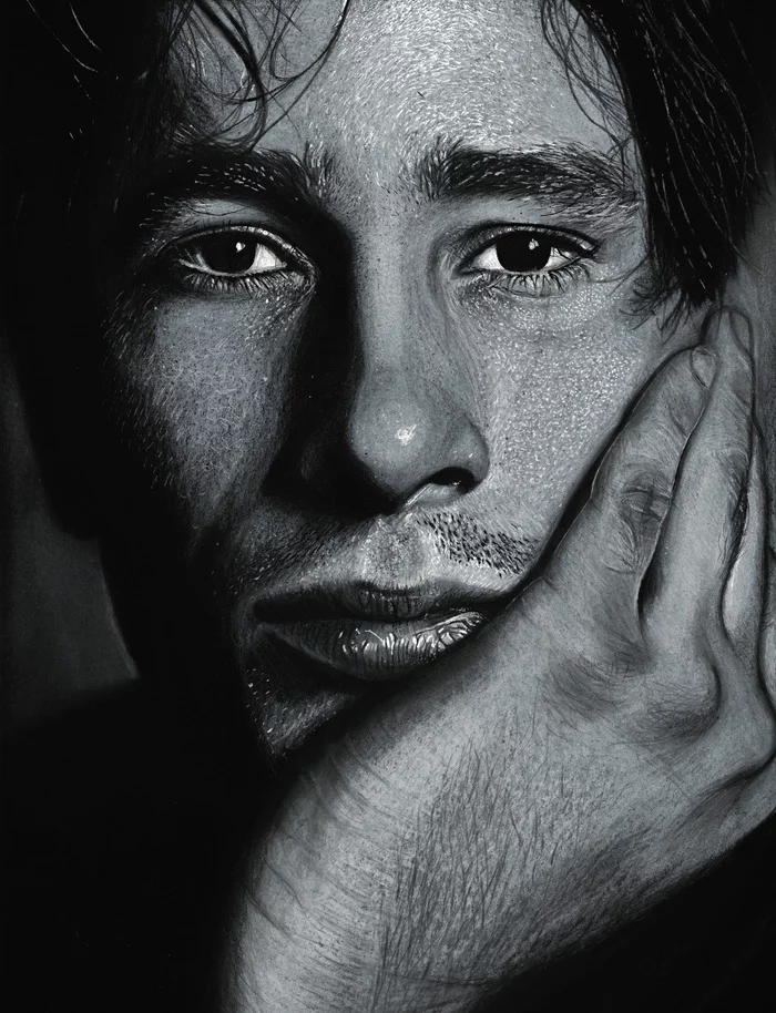 Portrait of Jeff Buckley on black paper - My, Portrait by photo, Portrait, Drawing, White pencil