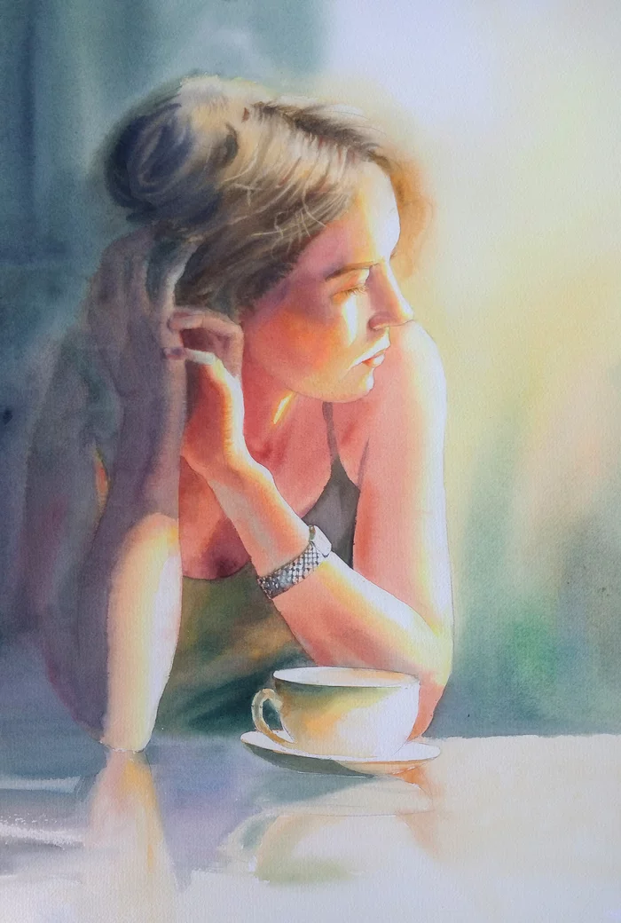 Morning coffee. Watercolor. - My, Watercolor, Painting, Portraits of people, Wet watercolor, Girls, Morning, Drawing, Portrait