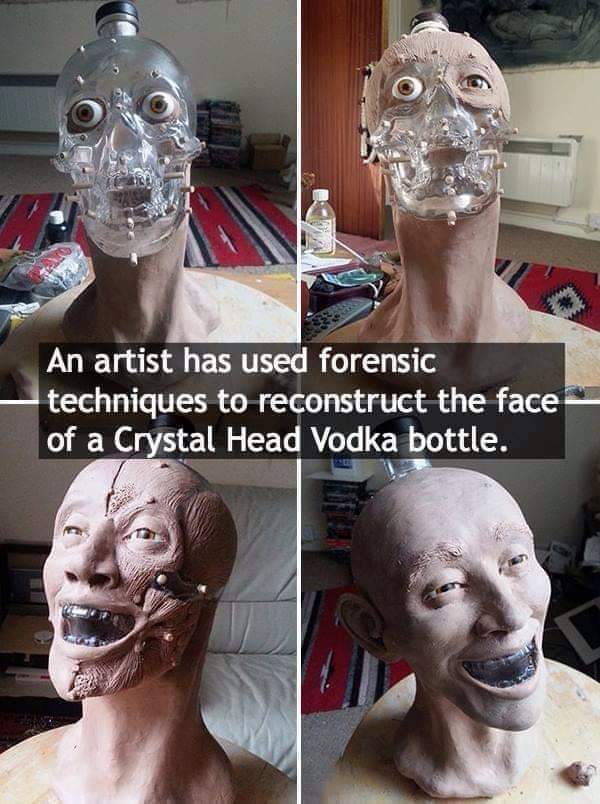 The sculptor used forensics techniques to recreate the face on a bottle of Crystal Head vodka. - Vodka, Sculpture, Alcohol, Reddit, Picture with text, Scull