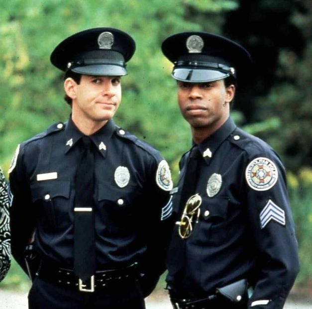 Sergeant Carey Mahone and Sergeant Larvell Jones from Police Academy in 1984 and 2019 - Mahoney, Police, Police Academy, Blue Oyster