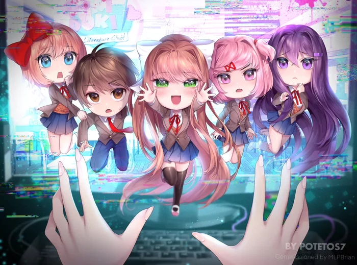 Into our reality - Doki Doki Literature Club, Sayori, Natsuki, Yuri DDLC, Monika, Anime Art, Визуальная новелла, Monika (Doki Doki)