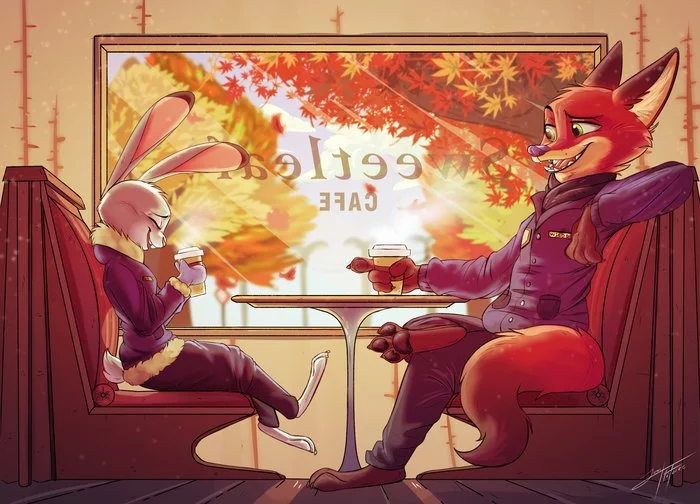 In the cafe - Zootopia, Nick and Judy, Judy hopps, Nick wilde, Juantriforce, Art