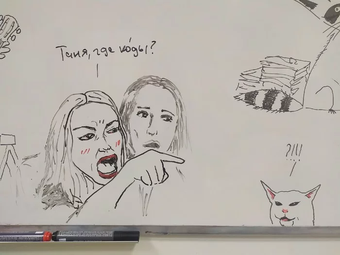 office board - My, Two women yell at the cat, Memes, Office, Drawing