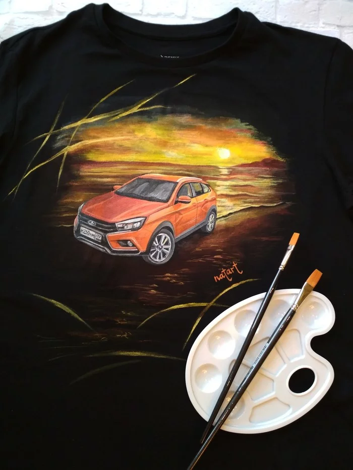 Lada Vesta on a T-shirt - My, Creation, Custom, Car, With your own hands, Needlework without process, T-shirt, Longpost