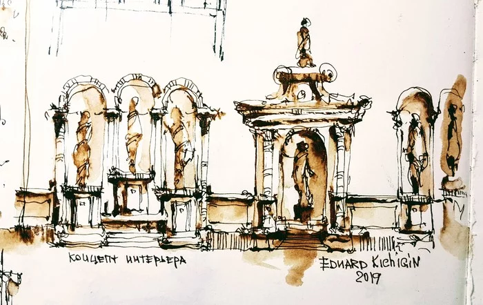 Drawing an interior idea using ink - My, Painting, Art, Architecture, Interior, Sketchbook, Sketch, Sketch, Video