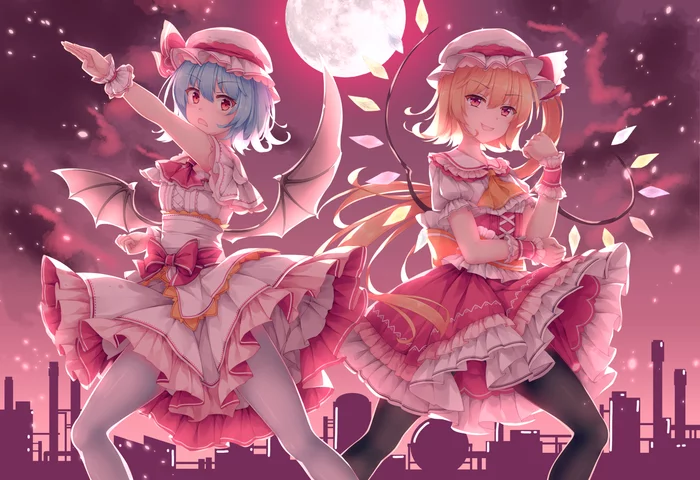 Remilia & Flandre - Touhou, Kamen Rider, Remilia scarlet, Flandre scarlet, Anime art, Anime, Crossover, Mechrailgun