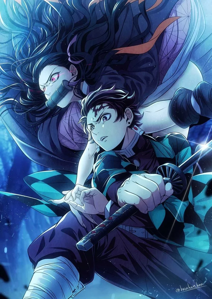 Танзиро Камадо и Нэдзуко - Аниме, Anime Art, Kimetsu no Yaiba, Tanjirou Kamado, Nezuko Kamado