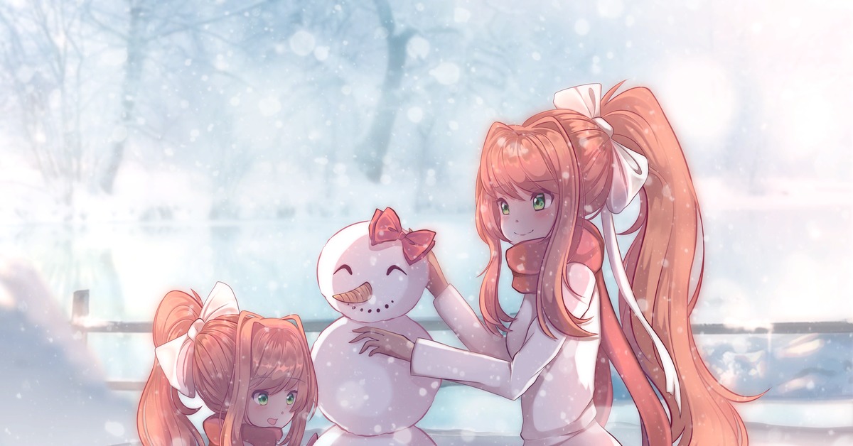 Monika and Chibika making snowdokis, Doki Doki Literature Club, Monika, Чиб...