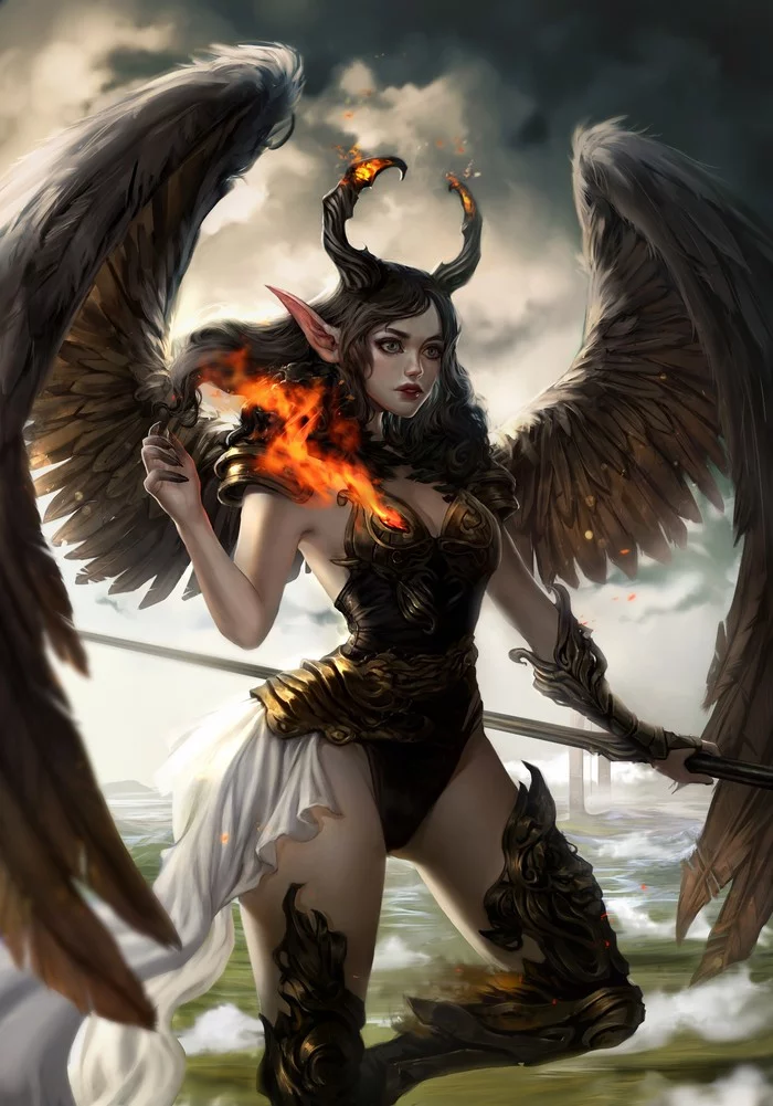 I surrender to the fire... - My, Demon, Fire, Beautiful girl, Demoness, Art