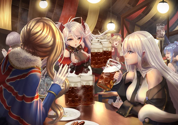 Hood, Prinz Eugen & Enterprise - Azur Lane, Hms Hood, Prinz Eugen, Enterprise (Azur Lane), Пиво, Anime Art, Аниме, Арт