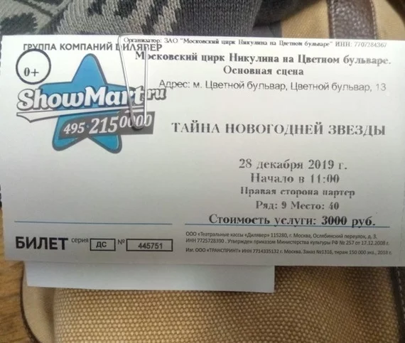 The ticket for the Christmas tree at the Nikulin Circus on 12/28/2019 is missing - My, Good league, Nikulin Circus, New Year