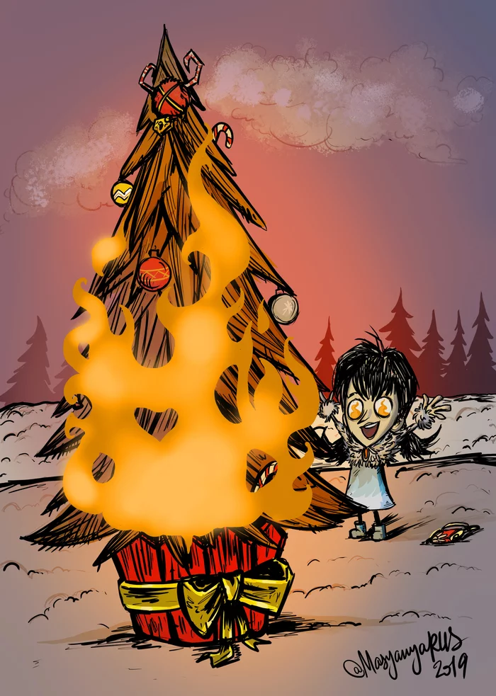One Two Three, Christmas tree BURN! - My, Fan art, Drawing, Dont starve, Willow, New Year, Christmas tree, Masyanyarus