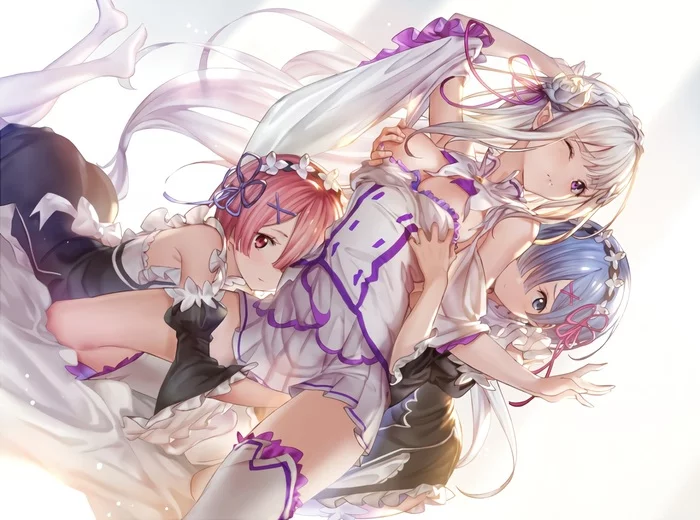 Фиолетовый получится, если в красный добавить синий ... - NSFW, Аниме, Re:Zero Kara, Emilia, Ram (Re:Zero Kara), Rem (Re:Zero Kara), Anime Art, Yuri, Грудь