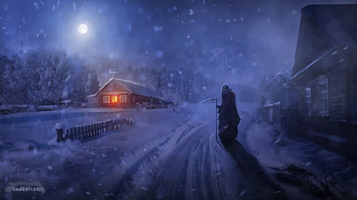 Let it snow let it snow let it snow... - Арт, Рисунок, Деревня, Смерть