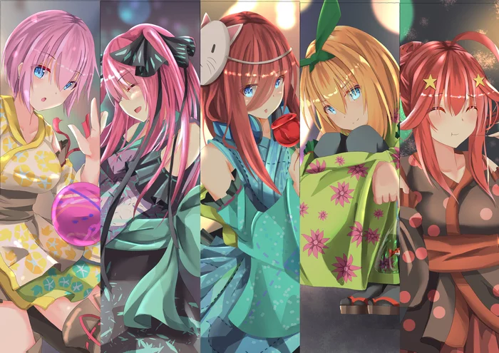 Summer Festival - Anime, Art, Anime art, The Quintessential Quintuplets, Gotoubun no hanayome, Girls, Yukata, summer festival, Longpost