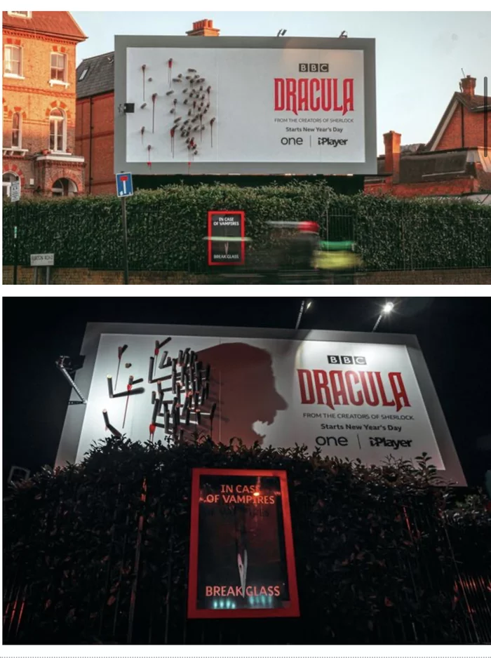 Advertisement for the BBC series Dracula. The billboard only comes to life at night due to the play of light and shadows - My, Dracula, Serials, BBC, Night, Movies