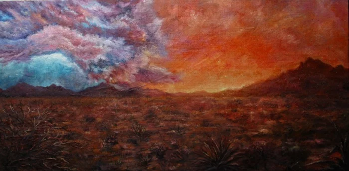 Thunderstorm in the desert - My, Painting, Canvas, Paints, The mountains, Thunderstorm, Desert, Needlework without process