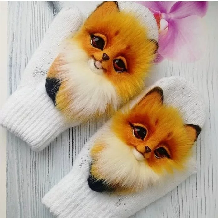 Mittens with removable Fox decor - My, Animal husbandry, Handmade, Mittens, Dry felting, Needlework without process