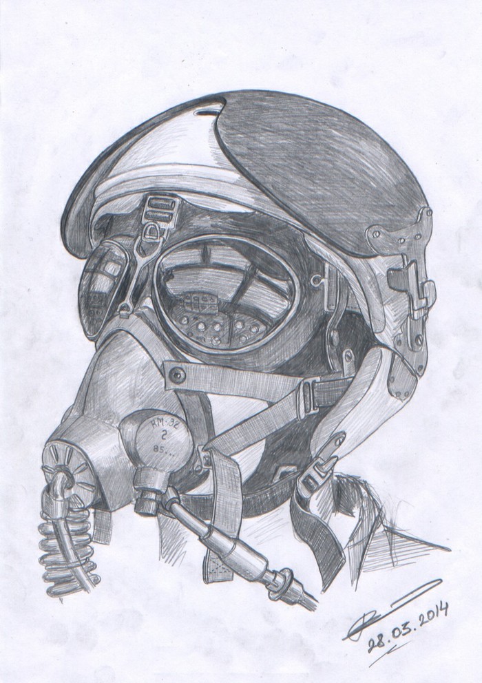 Шлем ЗШ-3, маска КМ-32 Рисунок карандашом, Пилот, ВВС, Арт, Шлем, Маска