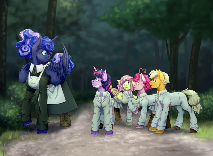   My Little Pony, Yakusoku no Neverland, Twilight Sparkle, Applejack, Fluttershy, Pinkie Pie, Princess Luna