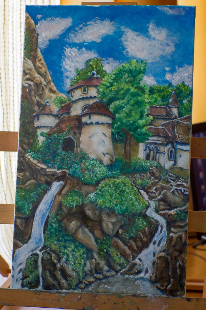 Castle on the rock - My, Artist, Beginner artist, Lock, Landscape, Waterfall, Painting, Painting, Oil painting