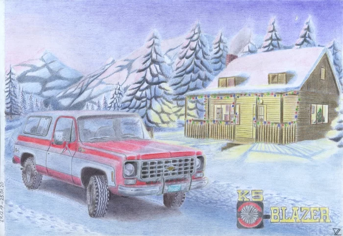 Blazer - My, Auto, Drawing, Colour pencils, Chevrolet, Winter, House in the woods, Snow